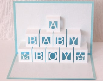 Baby Boy Card Pop Up Bricks 3D - Baby Pop Up Card - Baby Boy Popup Card - Congratulations New Baby Boy - Welcome Baby Boy - Blue envelope