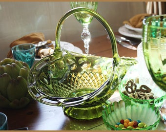 Antique Green Glass Xlrg Basket Gorgeous Details