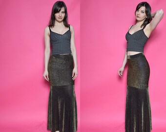 Vintage 90's Metallic Gold Mermaid Skirt / High Waist Shiny Maxi Skirt - Size Extra Small