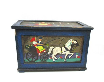 Antike Hochzeit Brust blau Deutschland Volkskunst Storage Box 1900er Jahren blau Hoffnung Brust rot rustikale Holz bemalte Box Bayerische Volkskunst Kunsthandwerk