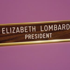 Custom Engraved Desk Sign - 2" x 8" - walnut/white letters - gold aluminum desk holder