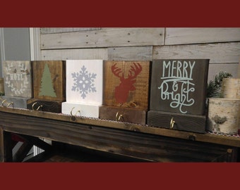 Christmas Rustic Wood Stocking Holders 8" x 6" Decor CUSTOM / Holiday / deer / merry bright / snowflake / tree / Santa / Noel / mantle