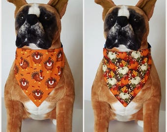 Reversible Thanksgiving, Turkeys, Pumpkins, Fall Leaves, Harvest, Bandana, Scarf, Dog, Pet, Slip On Over The Collar, 2 in one