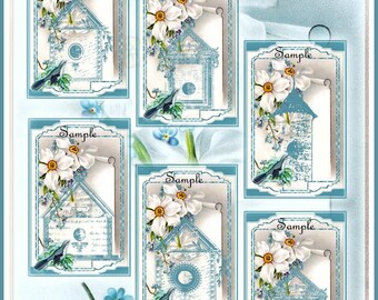 Cottage Chic Botanical Birdhouse Spring Collage Tags - Digital Printable - INSTANT DOWNLOAD