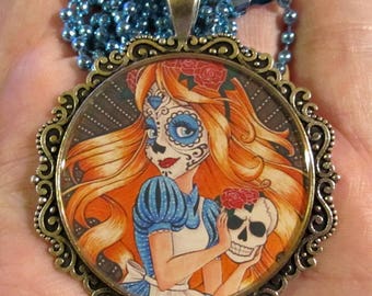 Sugar Skull Alice Necklace-Wonderland Alice Jewelry-Handmade Resin Pendant Jewelry