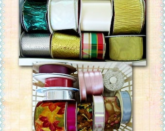 Christmas Ribbon Assortment, Lot of Twenty Spools, Wired, Metallic, Acetate, Velveteen, Tulle, Fabric, Gift Wrapping, Floral Supply/Crafting
