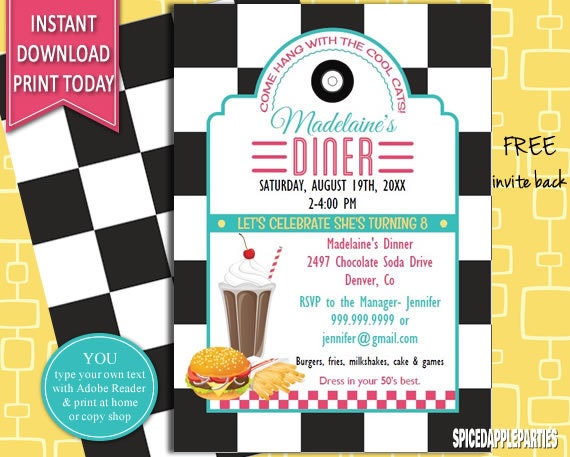 50s Retro Diner Invite 50s Party Invitation Burger Party