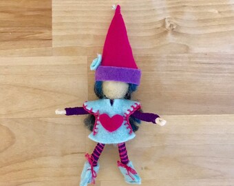 Pink and Teal Felt Gnome Bendy Doll, Small Felt Fairy, Dollhouse Fairy, OOAK, Handmade, Waldorf fairy, Wee Folk, Woodland Fairy, Elf