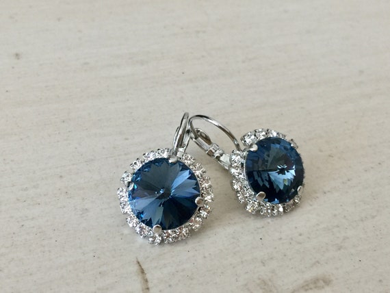 Denim Blue Swarovski Crystal Halo Earrings, Silver