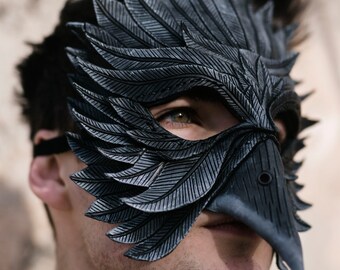 Black Raven Handmade Genuine Leather Mask for Masquerades Cosplay or Halloween Costumes