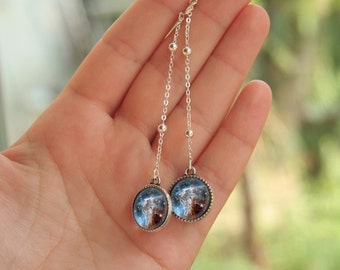 Galaxy earrings, galaxy jewelry, blue galaxy, blue earrings, nebula earrings, nebula jewelry, cosmic earrings, interstellar earrings