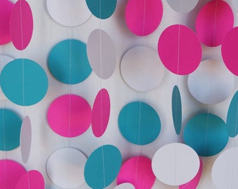 Hot Pink, Teal & White Paper Garland, Girl's Birthday Party Decor, Bridal Shower Decorations, 1st Birthday, 10 ft. long Circle Garland