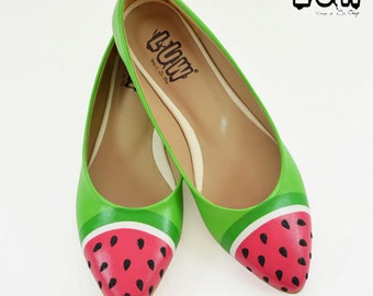 SANDIA - watermelon shoe, fruit shoe, custom design flat, hand painted flat shoe