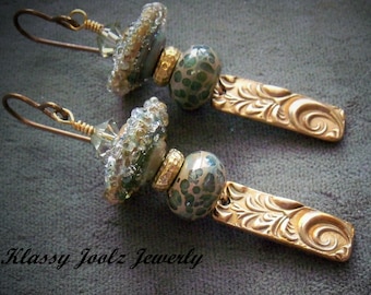 Bronze Handmade PMC Charms and Glass Lampwork Beaded Earrings-Artisan Lampwork Earrings-PMC Earrings-Tribal-Bohemian Earrings-SRAJD