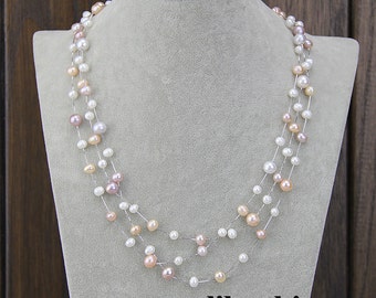 Pearl necklace,floating pearl necklace,pearl statement necklace,layered and extra long pearl necklace,multi colored necklace,bridal necklace
