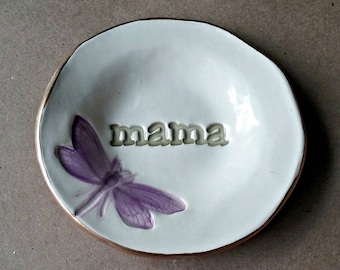 Ceramic Ring Holder Dish Ring Bowl Ring Holder Trinket Dish edged in gold MAMA Mothers day
