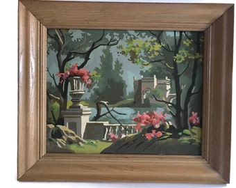 Vintage Paint by Number Country Scene with Urns and Monument Landscape with a Wood Frame PBN Home Decor