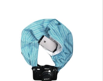 Blue Arrow Camera Strap with Lens Pocket - The Original Camera Scarf Strap With Hidden Pocket