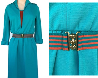 Vintage 70s Dress, Orange & Teal by Nancy Greer New York SZ 6, 1970's Dress, Mod Dress