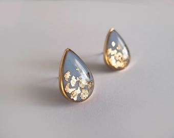 Blue Gray Gold Drop Stud Earrings - Hypoallergenic Titanium Posts