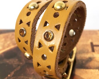 Pierced Mustard Yellow Leather Dog Collar with Gold Studs & Crystals to fit a 9-11 Neck, Small Dog Collar, EcoFriendly, USA Seattle Handmade