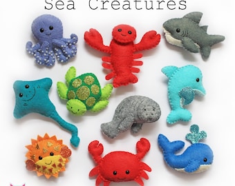 Sea Creatures felt softies pdf pattern, sew sweet, instant download, crab, dolphin, fish, wool felt, sewing, sew your own, template, mobile