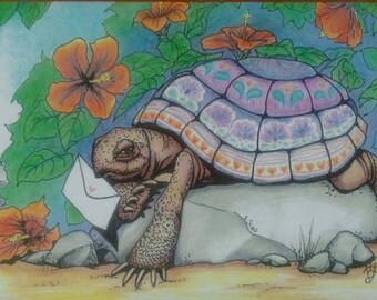 Tortice with letter. Hand drawn greeting card