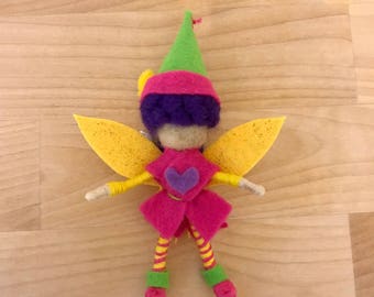 Valentine's Pink Felt Fairy Bendy Doll, Small Felt Fairy, Dollhouse Fairy, OOAK, Handmade, Waldorf fairy, Wee folk, Elf, Woodland Fairy