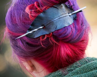 Leather Raven Feather Hair Barrette