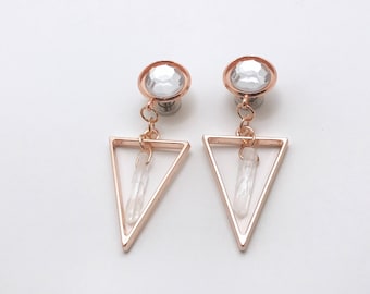Quartz Crystal Dangle Plugs Rose Gold Ear Plugs 6g 4g 2g 0g 00g 000g Geometric Plugs 7/16" 11mm 10mm 8mm 6mm 5mm 4mm Dangling Ear Plugs