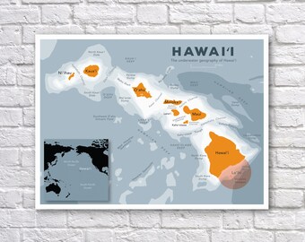 Hawaii Ocean Geography Map Poster - Hawaii - Volcanoes - Map Print