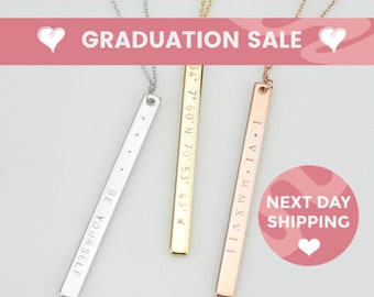 Custom Vertical Bar Necklace Custom Engraved Coordinates Christian Necklace Roman Numeral Necklace Mothers Day Gift Graduation Necklace