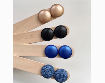 19mm Faux Leather Fabric Button Stud Earrings • Surgical Steel • Hypoallergenic • Pearl Copper • Cobalt Blue • Black • Denim • Leatherette