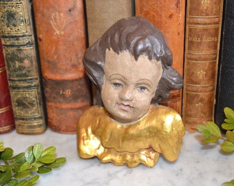 Antique German Carved Painted Gilded Wood Cherub Angel Head with Wings