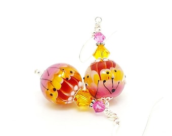 Pink Yellow Earrings, Bright Earrings. Colorful Earrings, Lampwork Earrings, Glass Earrings, Glass Bead Earrings, Unique Earrings