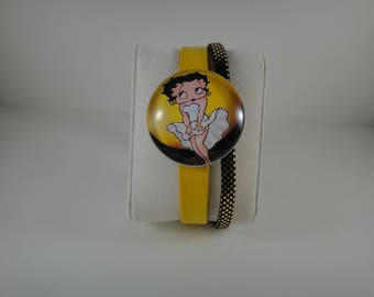 Bracelet of genuine leather 2 yellow sprigs and sequins with snap chunk interchangeable glass 30mm