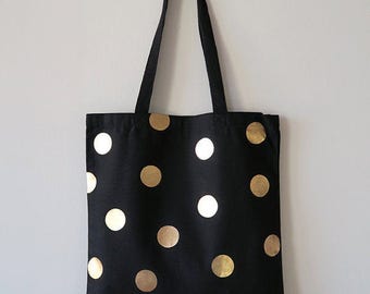 Gold Polka Dots Black Canvas Tote Bag