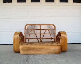 Mid Century Rattan Tiki Furniture Loveseat, Bentwood Pretzel Style Two Seater Chair