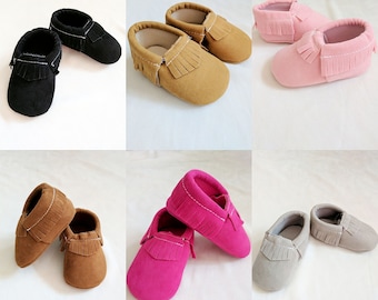 BABY MOCCASINS, baby shoes, fringed moccasins, girls moccasins, pink moccasins, black moccasins, tan moccasins, grey moccasins
