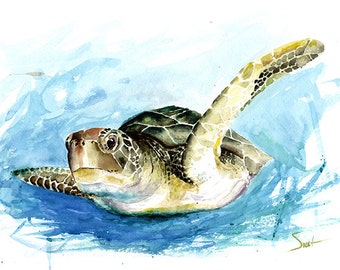 TURTLE WATERCOLOR PRINT - turtle painting, sea life print, turtle wall decor, sea turtle wall art, marine art, turtle gift, turtle print