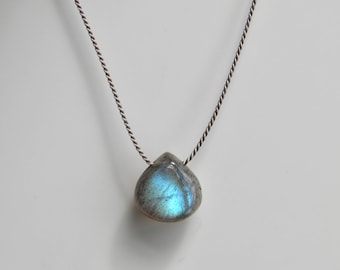 Labradorite Necklace AA+ Blue Flash Gemstone Silk Necklace Minimalist Minimal, Floating Wedding Simple Smooth Heart Briolette