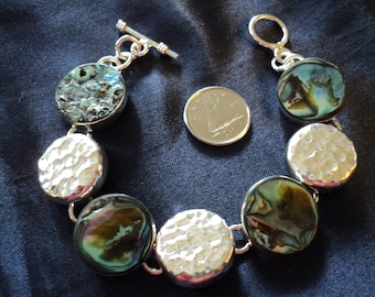 Abalone Mexico Hammered Toggle 30.9g Sterling Silver Bracelet (7.5")