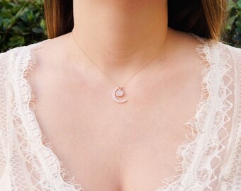 Two Moons Necklace, Crescent Moon Necklace, Moonstone Necklace, Rose Gold Necklace, Dainty Necklace, Rainbow Moonstone Necklace