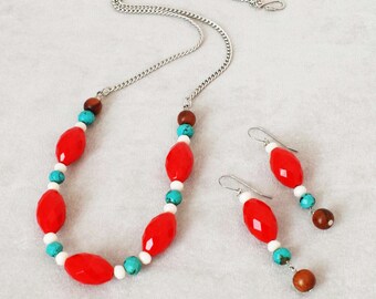 Turquoise and red crystal beaded necklace, Boho Gypsy Bohemian necklace, Frida Kahlo style, Mexican exotic jewelry, Mother's day gift