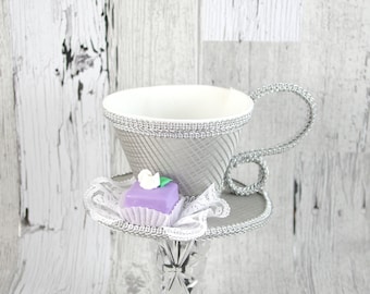 Silver Striped and White and Silver with Petit Four Tea Cup Fascinator Hat, Alice in Wonderland Mad Hatter Tea Party, Derby Hat