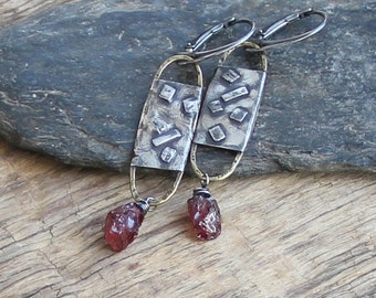 Sterling silver raw garnet earrings mixed metal earrings metalwork earrings raw sterling silver artisan jewelry bohemian rought earrings