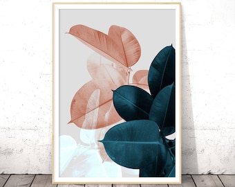 Blush Pink Leaves, Above Bed Wall Art, Wedding Gift, Blue Plant Print, Botanical Poster, Tropical Leaf, Digital Print Download Printable Art