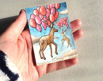 Deer balloon valentines red wall art miniature art ATC Gift Art Trading Card Whimsical silly - Original ART ACEO Watercolor - Katie Hone