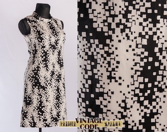 Black White sleeveless abstract print 70s vintage dress / Monochrome bw spots vintage day dress / size Large XL