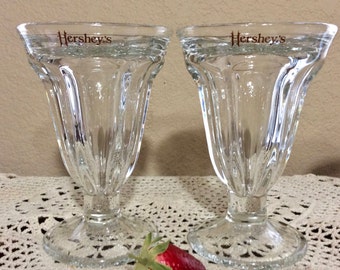 Pair of Vintage Hershey's Clear Glass Ice Cream - Parfait - Sherbet - Sundae Cups - Retro Soda Fountain Cup -Footed Thick Glassware Serving